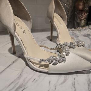 Bella Belle Satin Heels with Pearl and Crystal Embellishments